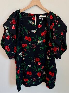 Gibson Latimer Black Blouse with birds and Red Floral